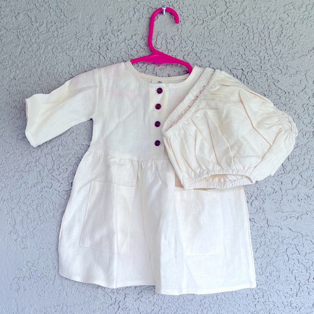 Boutique Brand-Little Poppy Linen cream colored Dress with bloomers